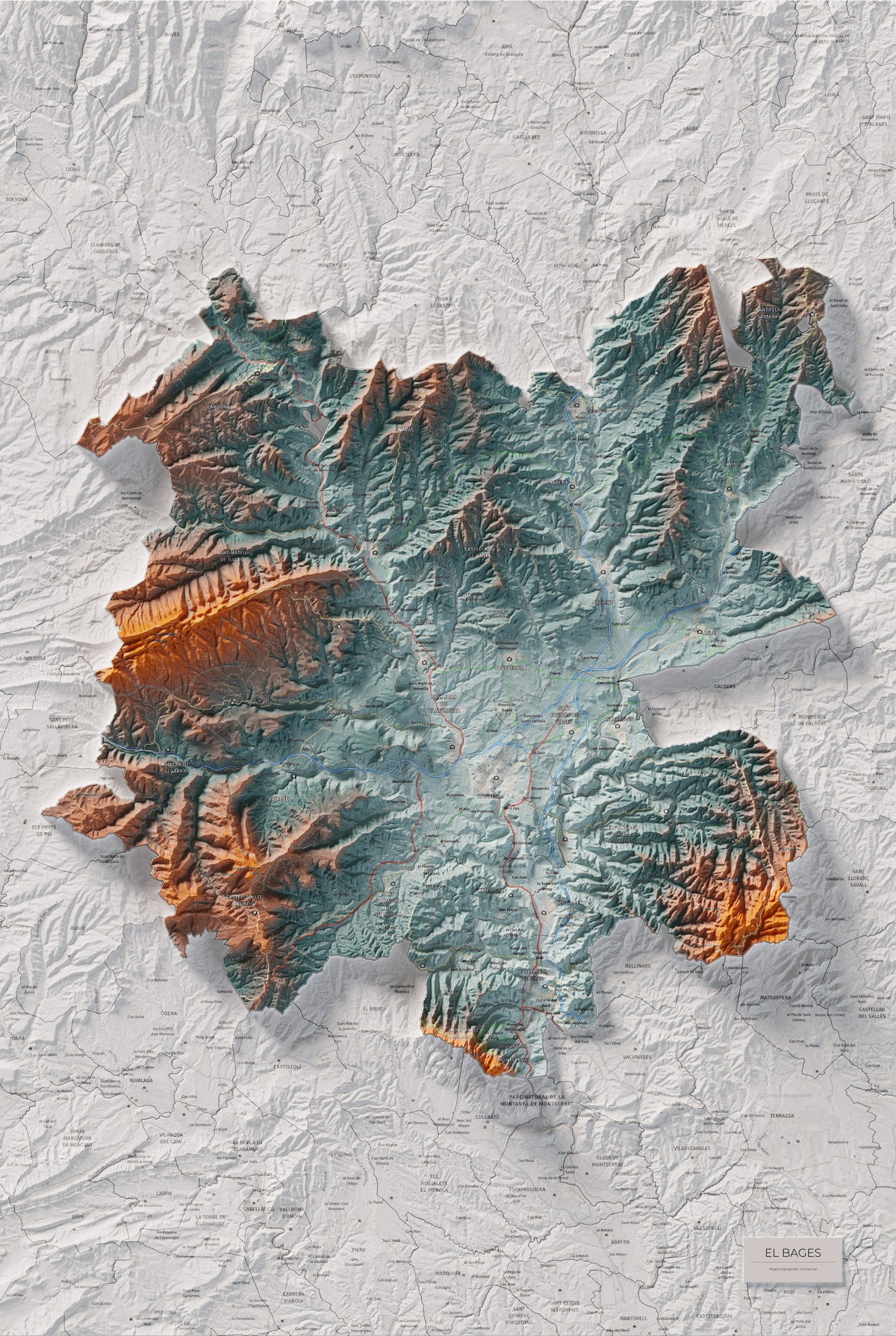 Mapa de relieve del Bages, con el territorio en color y el entorno en blanco. Vista completa de la lámina. 61 × 91 cm. Estilo Azul y naranja. Agua del mapa en blanco.