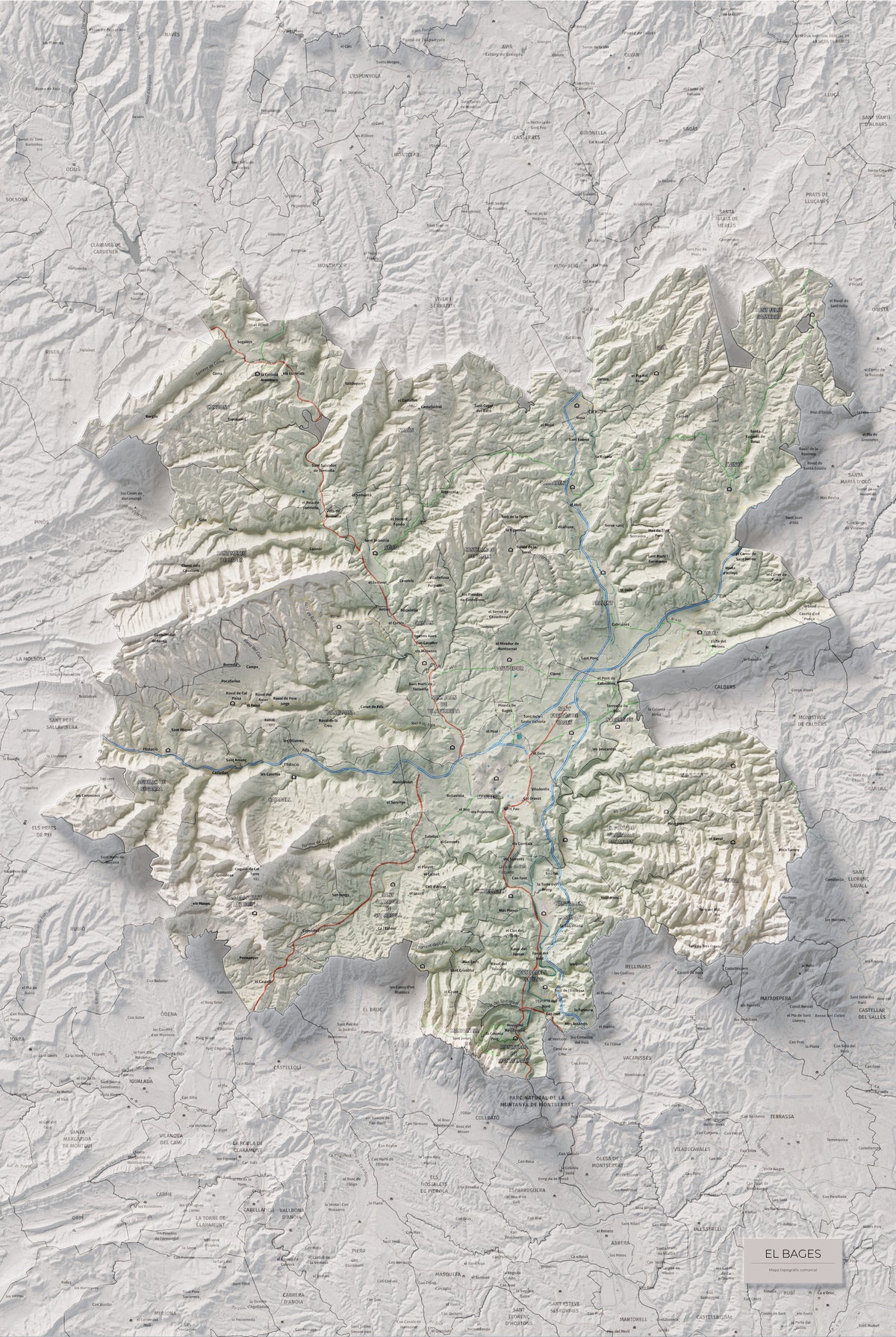 Mapa de relleu del Bages, amb el territori en color i l’entorn en blanc. Vista completa de la làmina. 61 × 91 cm. Estil Cartogràfic.