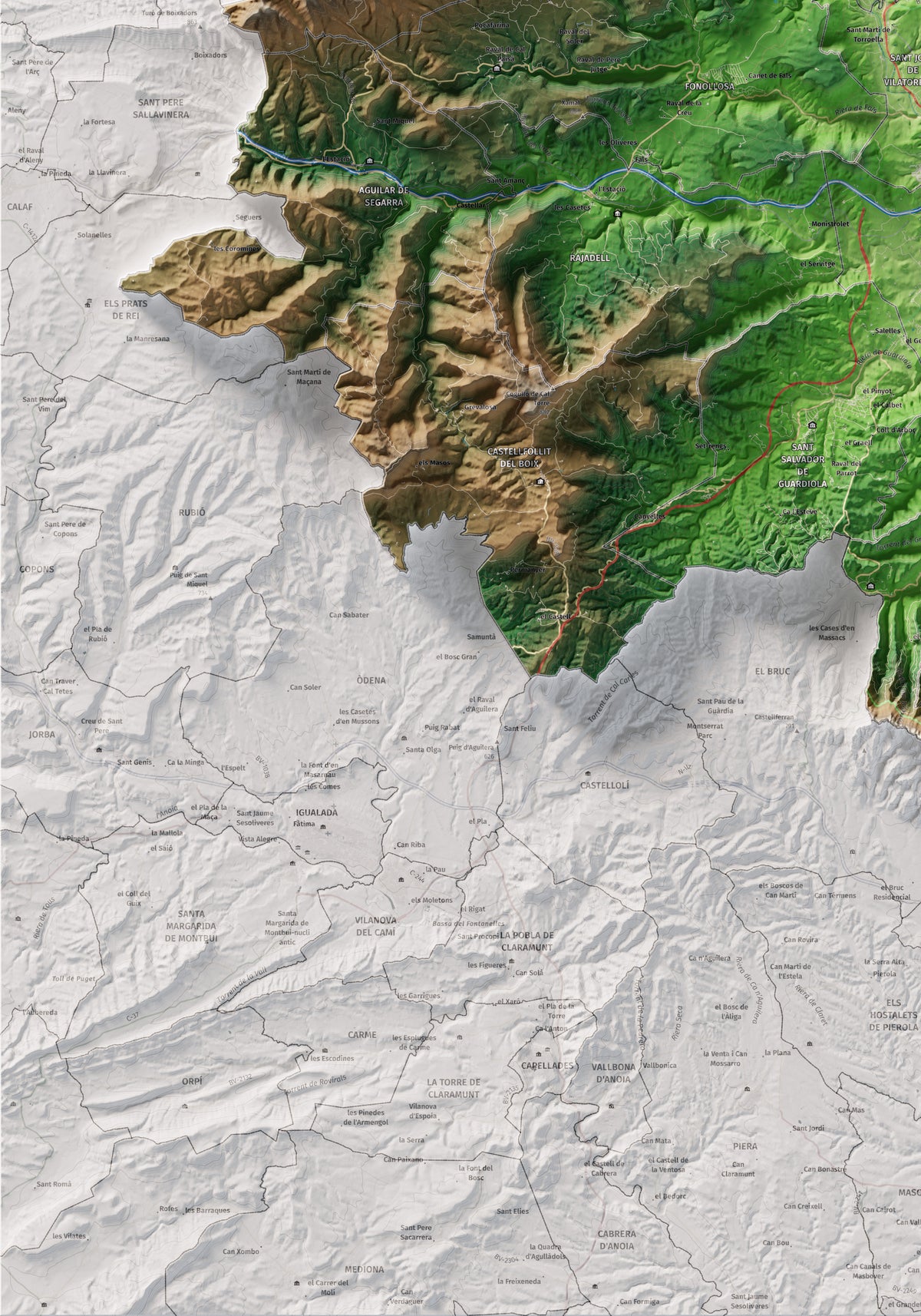 Mapa de relleu del Bages, amb el territori en color i l’entorn en blanc. Detall de la part inferior esquerra. 70 × 100 cm. Estil Clàssic.