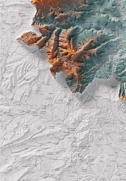 Mapa de relleu del Bages, amb el territori en color i l’entorn en blanc. Detall de la part inferior esquerra. 70 × 100 cm. Estil Blau i taronja.