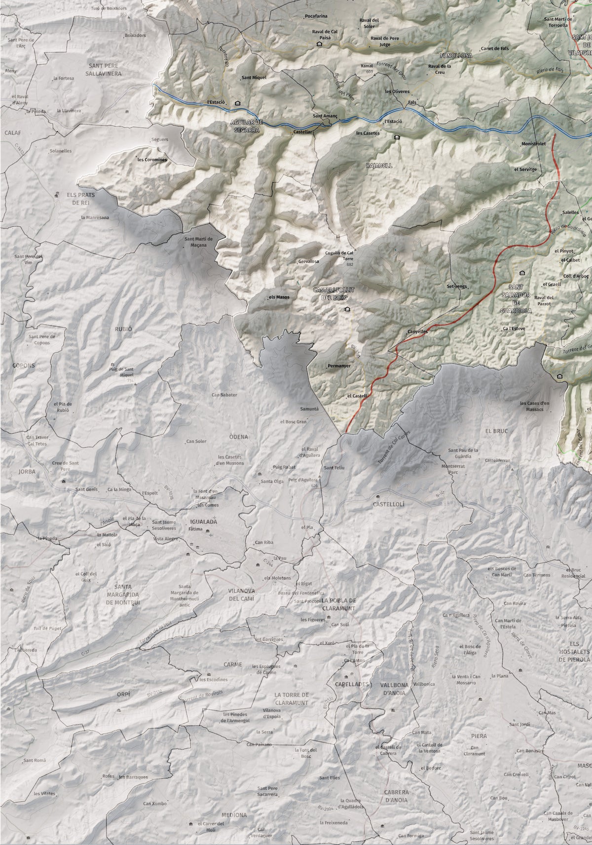 Mapa de relleu del Bages, amb el territori en color i l’entorn en blanc. Detall de la part inferior esquerra. 70 × 100 cm. Estil Cartogràfic.