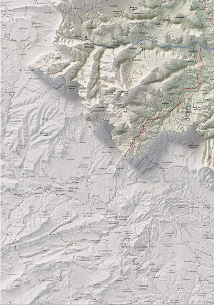 Mapa de relleu del Bages, amb el territori en color i l’entorn en blanc. Detall de la part inferior esquerra. 70 × 100 cm. Estil Cartogràfic.