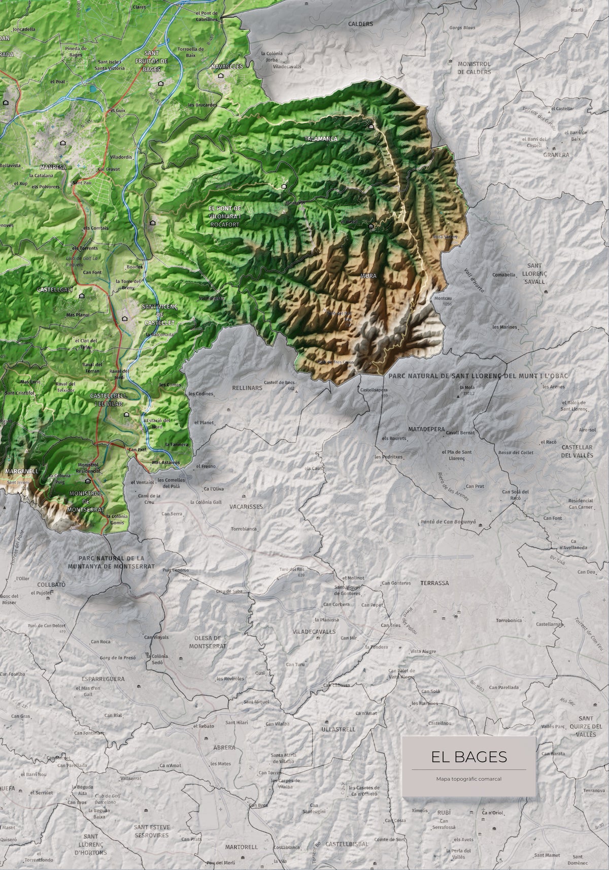 Mapa de relleu del Bages, amb el territori en color i l’entorn en blanc. Detall de la part inferior dreta. 70 × 100 cm. Estil Clàssic.