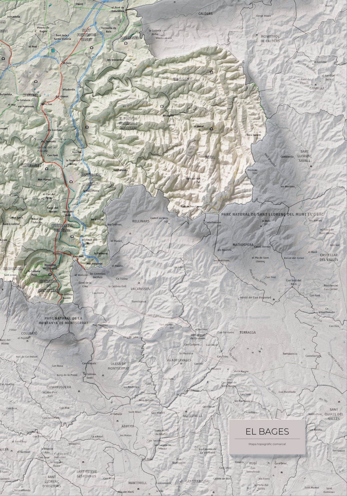 Mapa de relleu del Bages, amb el territori en color i l’entorn en blanc. Detall de la part inferior dreta. 70 × 100 cm. Estil Cartogràfic.
