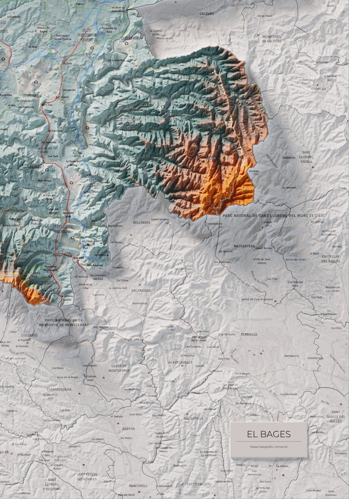 Mapa de relieve del Bages, con el territorio en color y el entorno en blanco. Detalle de la zona inferior derecha. 70 × 100 cm. Estilo Azul y naranja. Agua del mapa en blanco.