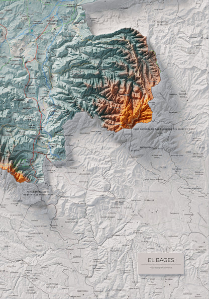 Mapa de relleu del Bages, amb el territori en color i l’entorn en blanc. Detall de la part inferior dreta. 70 × 100 cm. Estil Blau i taronja.
