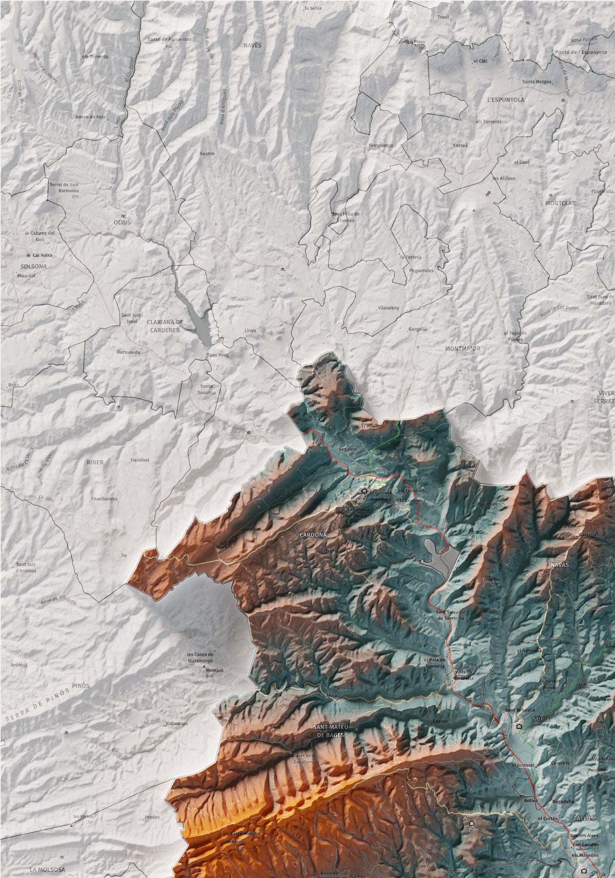 Mapa de relleu del Bages, amb el territori en color i l’entorn en blanc. Detall de la part superior esquerra. 70 × 100 cm. Estil Blau i taronja.