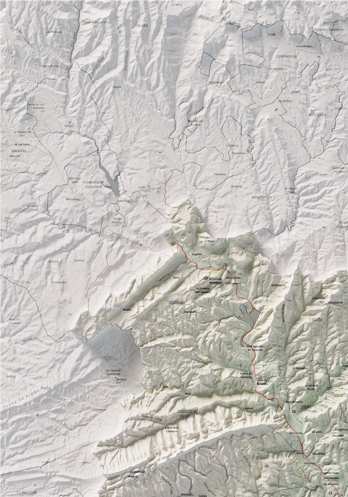 Mapa de relleu del Bages, amb el territori en color i l’entorn en blanc. Detall de la part superior esquerra. 70 × 100 cm. Estil Cartogràfic.