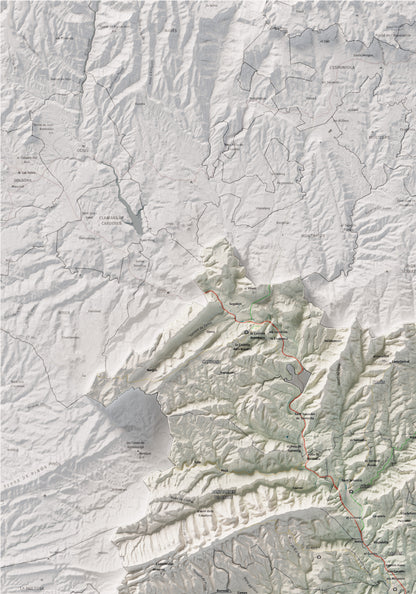 Mapa de relleu del Bages, amb el territori en color i l’entorn en blanc. Detall de la part superior esquerra. 70 × 100 cm. Estil Cartogràfic.