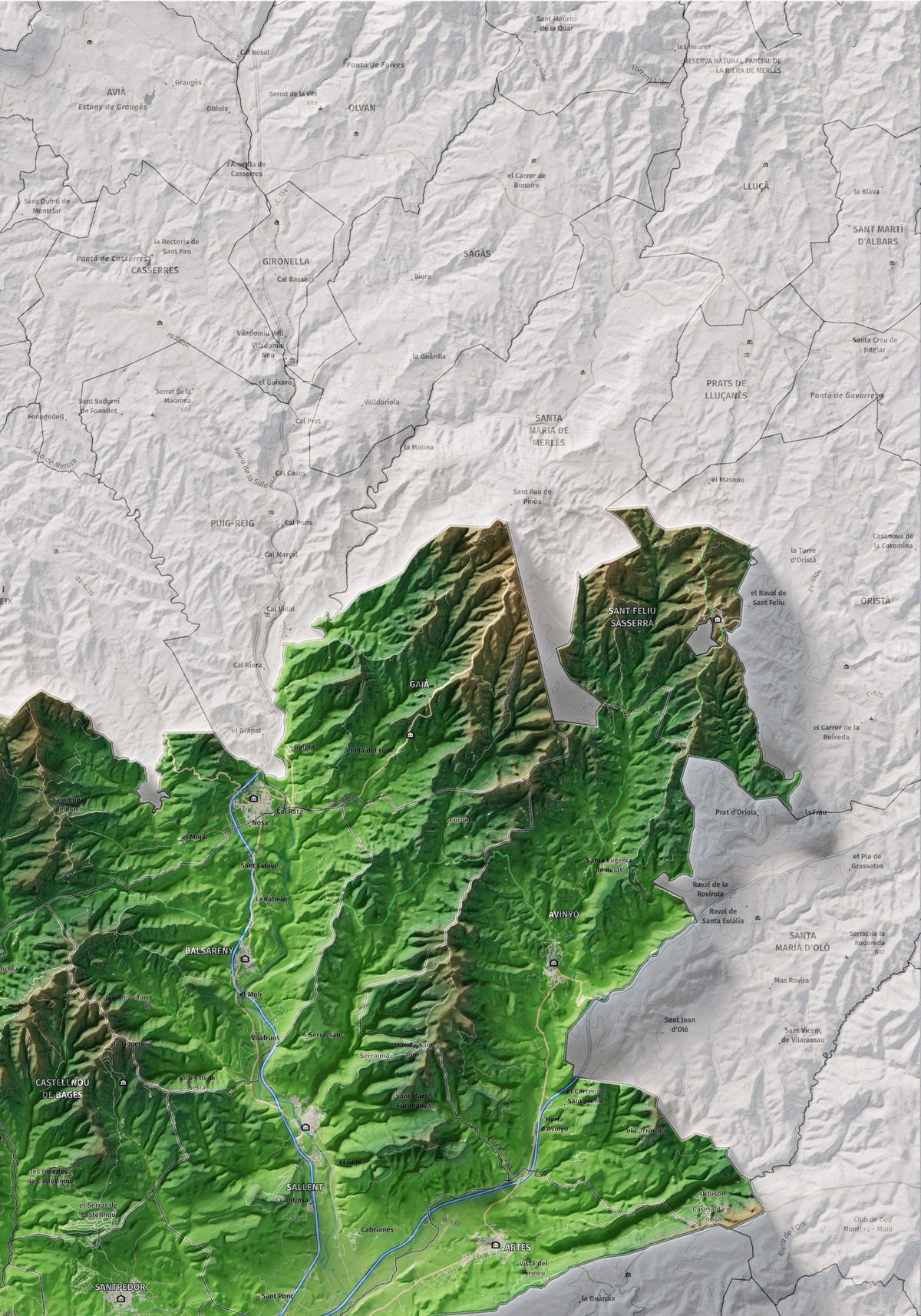 Mapa de relleu del Bages, amb el territori en color i l’entorn en blanc. Detall de la part superior dreta. 70 × 100 cm. Estil Clàssic.