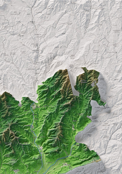 Mapa de relleu del Bages, amb el territori en color i l’entorn en blanc. Detall de la part superior dreta. 70 × 100 cm. Estil Clàssic.