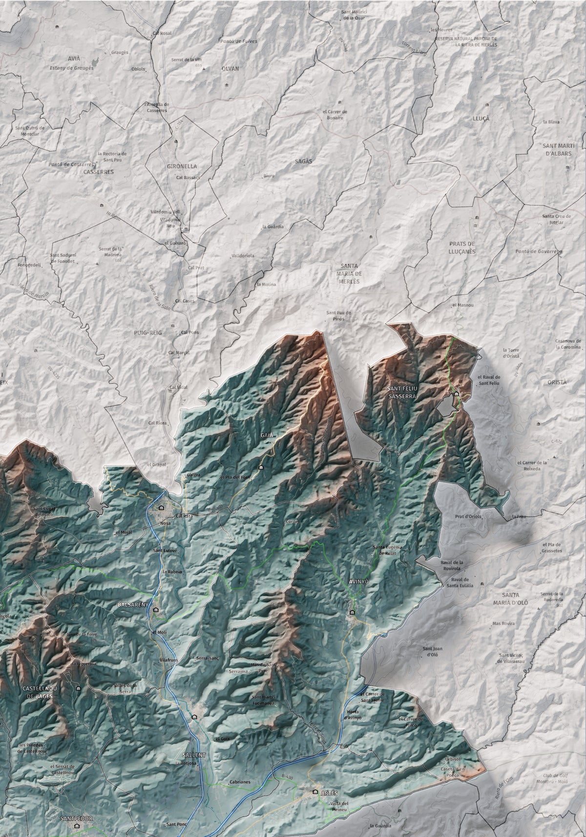 Mapa de relleu del Bages, amb el territori en color i l’entorn en blanc. Detall de la part superior dreta. 70 × 100 cm. Estil Blau i taronja.