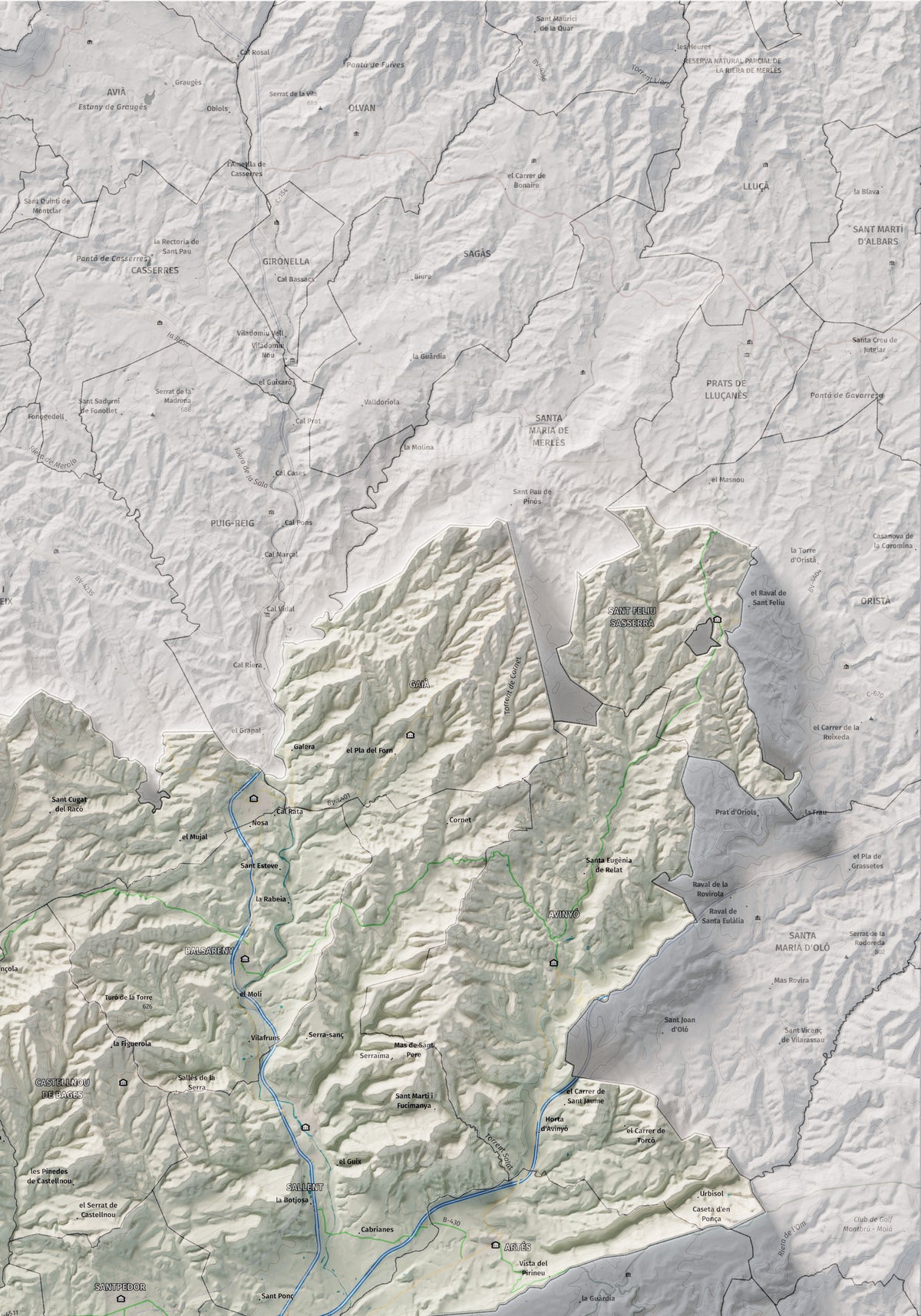Mapa de relleu del Bages, amb el territori en color i l’entorn en blanc. Detall de la part superior dreta. 70 × 100 cm. Estil Cartogràfic.