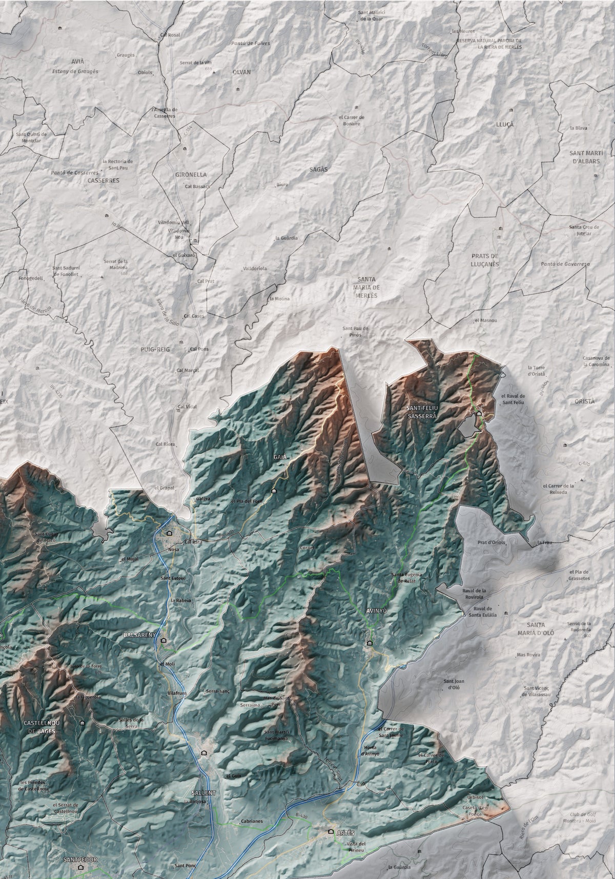 Mapa de relieve del Bages, con el territorio en color y el entorno en blanco. Detalle de la zona superior derecha. 70 × 100 cm. Estilo Azul y naranja. Agua del mapa en blanco.