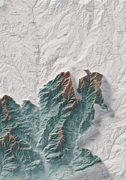 Mapa de relieve del Bages, con el territorio en color y el entorno en blanco. Detalle de la zona superior derecha. 70 × 100 cm. Estilo Azul y naranja. Agua del mapa en blanco.