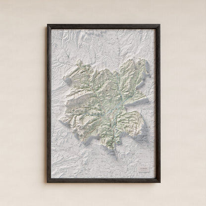 Mapa de relleu del Bages, amb el territori en color i l’entorn en blanc. Presentació amb marc. 70 × 100 cm. Estil Cartogràfic.