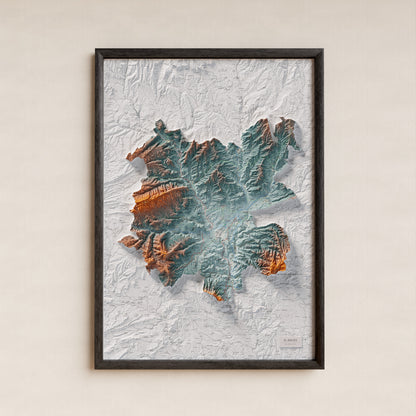 Mapa de relleu del Bages, amb el territori en color i l’entorn en blanc. Presentació amb marc. 70 × 100 cm. Estil Blau i taronja.
