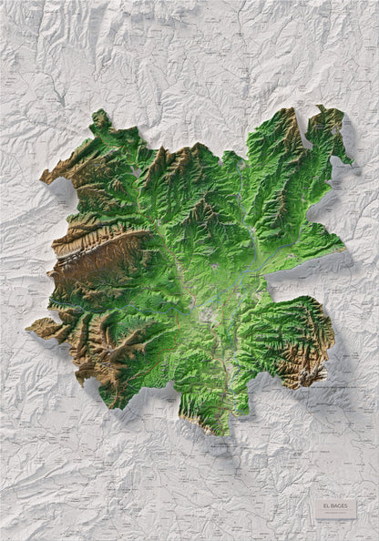 Mapa de relleu del Bages, amb el territori en color i l’entorn en blanc. Vista completa de la làmina. 70 × 100 cm. Estil Clàssic.