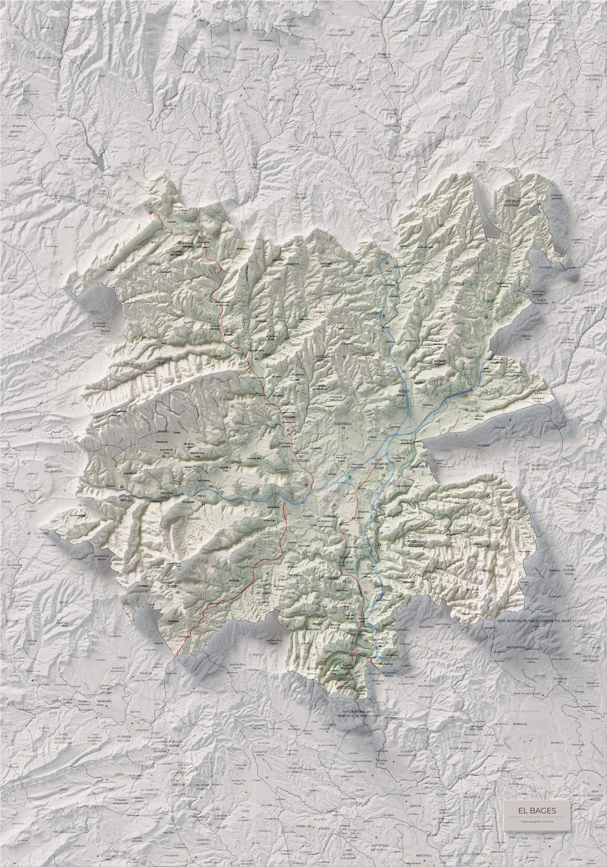 Mapa de relleu del Bages, amb el territori en color i l’entorn en blanc. Vista completa de la làmina. 70 × 100 cm. Estil Cartogràfic.