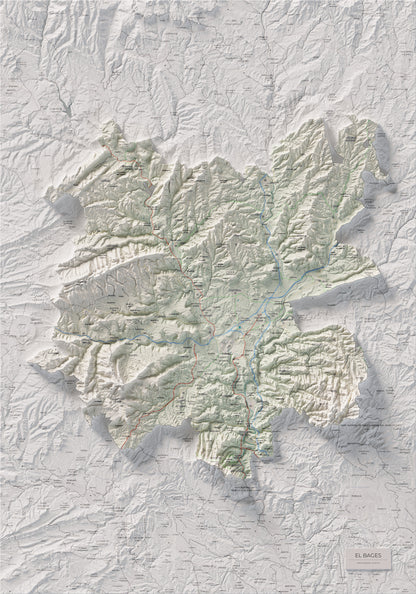 Mapa de relleu del Bages, amb el territori en color i l’entorn en blanc. Vista completa de la làmina. 70 × 100 cm. Estil Cartogràfic.