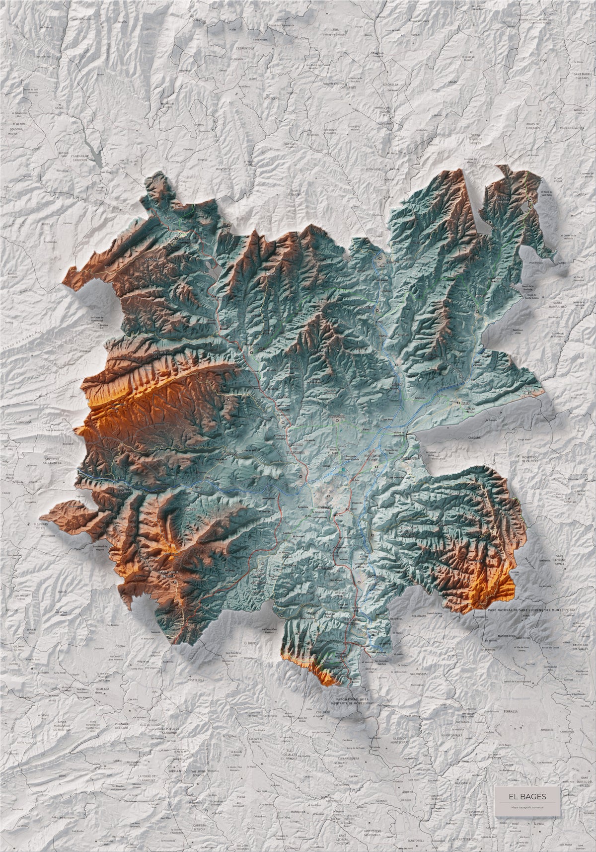 Mapa de relleu del Bages, amb el territori en color i l’entorn en blanc. Vista completa de la làmina. 70 × 100 cm. Estil Blau i taronja.