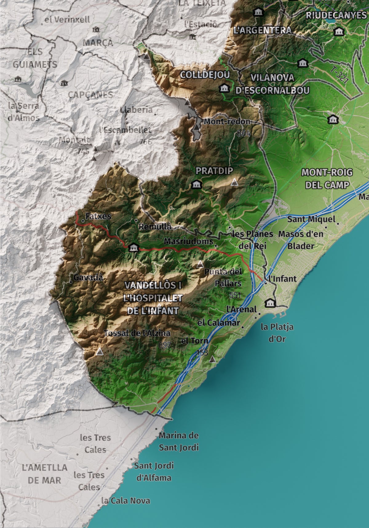 Mapa de relieve del Baix Camp, con el territorio en color y el entorno en blanco. Detalle de la zona inferior izquierda. 21 × 30 cm. Estilo Clásico.