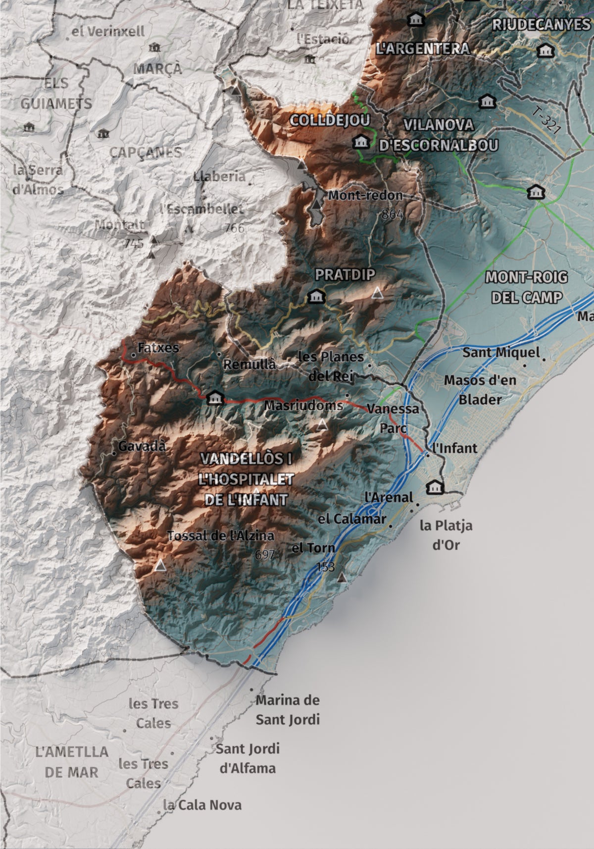 Mapa de relieve del Baix Camp, con el territorio en color y el entorno en blanco. Detalle de la zona inferior izquierda. 21 × 30 cm. Estilo Azul y naranja.