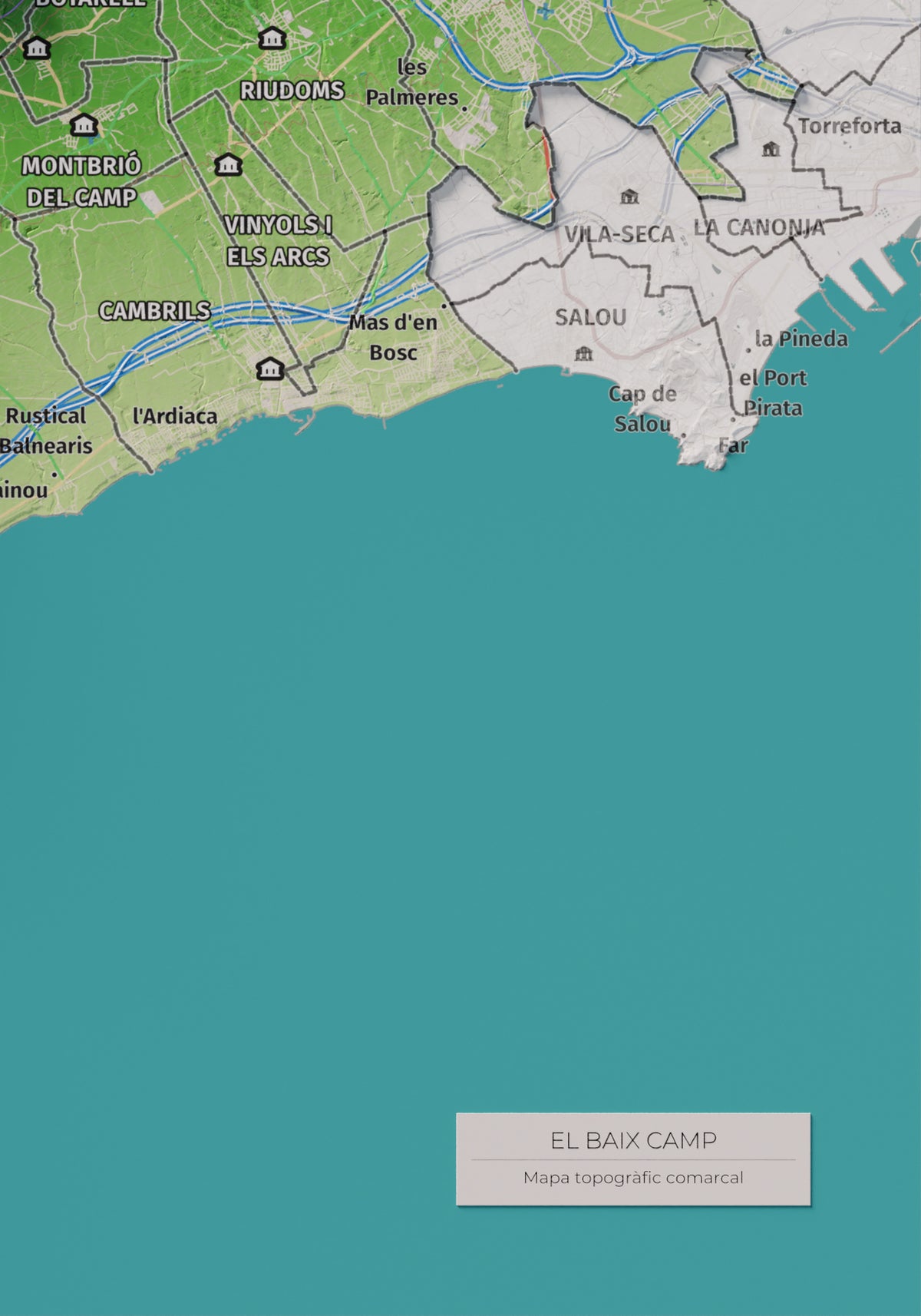 Mapa de relieve del Baix Camp, con el territorio en color y el entorno en blanco. Detalle de la zona inferior derecha. 21 × 30 cm. Estilo Clásico.