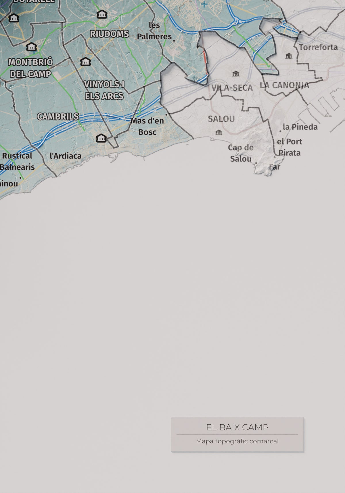 Mapa de relieve del Baix Camp, con el territorio en color y el entorno en blanco. Detalle de la zona inferior derecha. 21 × 30 cm. Estilo Azul y naranja.
