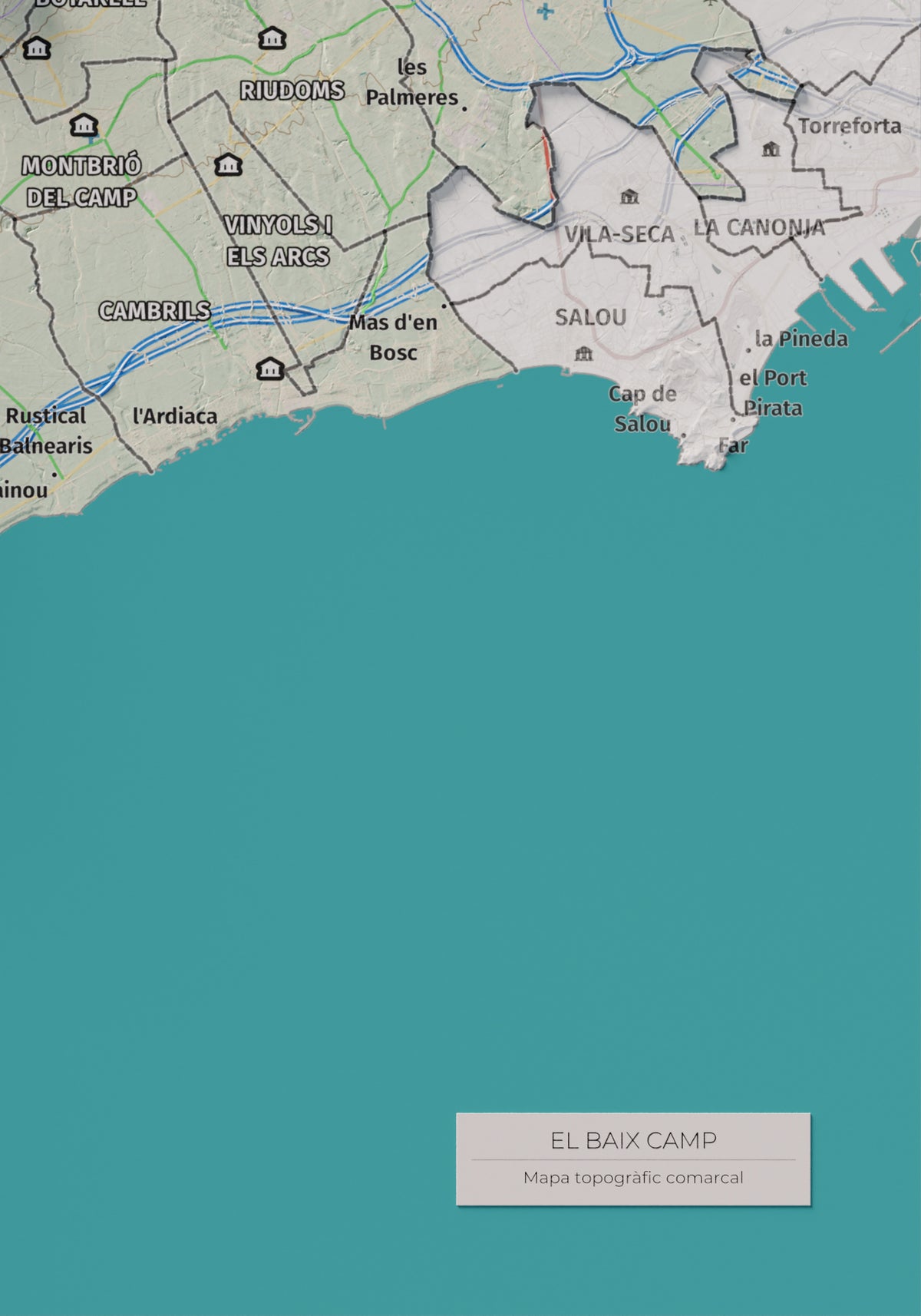 Mapa de relieve del Baix Camp, con el territorio en color y el entorno en blanco. Detalle de la zona inferior derecha. 21 × 30 cm. Estilo Cartográfico.