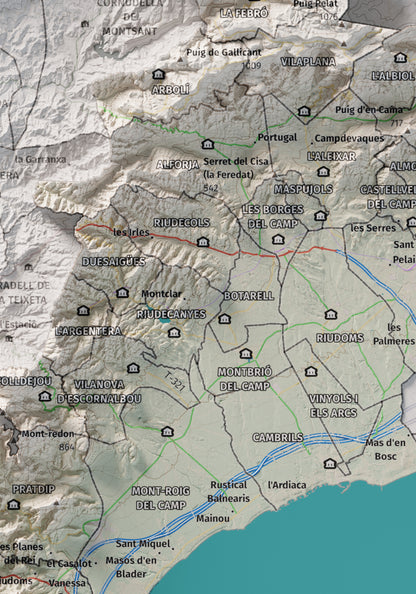 Mapa de relieve del Baix Camp, con el territorio en color y el entorno en blanco. Detalle de la zona central. 21 × 30 cm. Estilo Cartográfico.