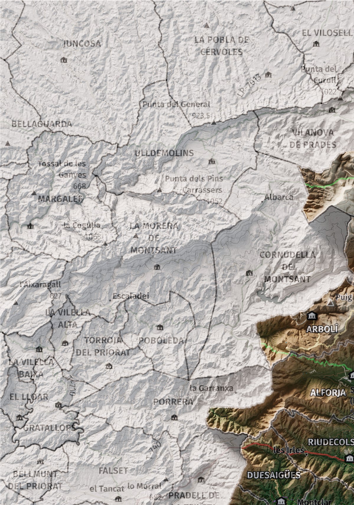 Mapa de relieve del Baix Camp, con el territorio en color y el entorno en blanco. Detalle de la zona superior izquierda. 21 × 30 cm. Estilo Clásico.
