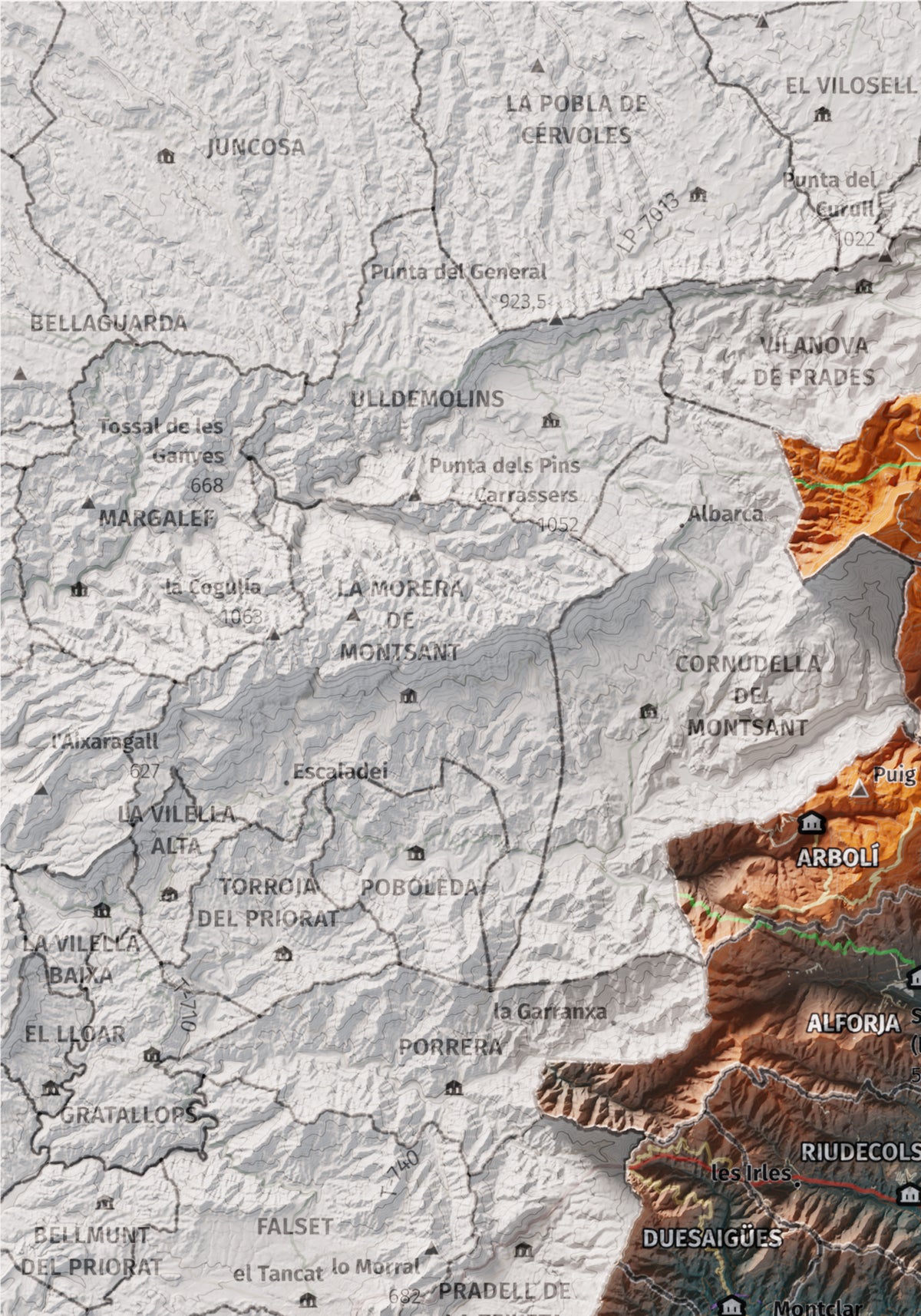 Mapa de relieve del Baix Camp, con el territorio en color y el entorno en blanco. Detalle de la zona superior izquierda. 21 × 30 cm. Estilo Azul y naranja.