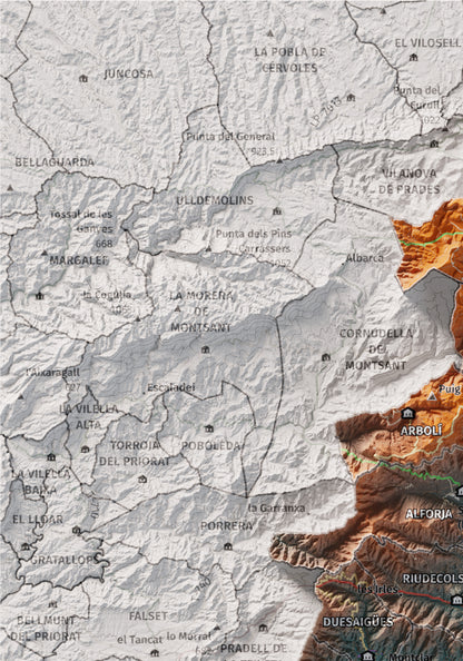 Mapa de relieve del Baix Camp, con el territorio en color y el entorno en blanco. Detalle de la zona superior izquierda. 21 × 30 cm. Estilo Azul y naranja.