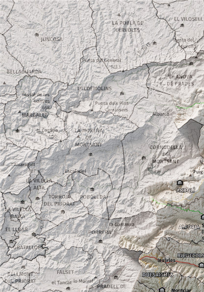 Mapa de relieve del Baix Camp, con el territorio en color y el entorno en blanco. Detalle de la zona superior izquierda. 21 × 30 cm. Estilo Cartográfico.
