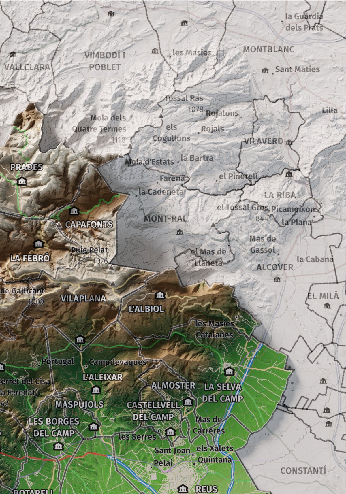 Mapa de relieve del Baix Camp, con el territorio en color y el entorno en blanco. Detalle de la zona superior derecha. 21 × 30 cm. Estilo Clásico.
