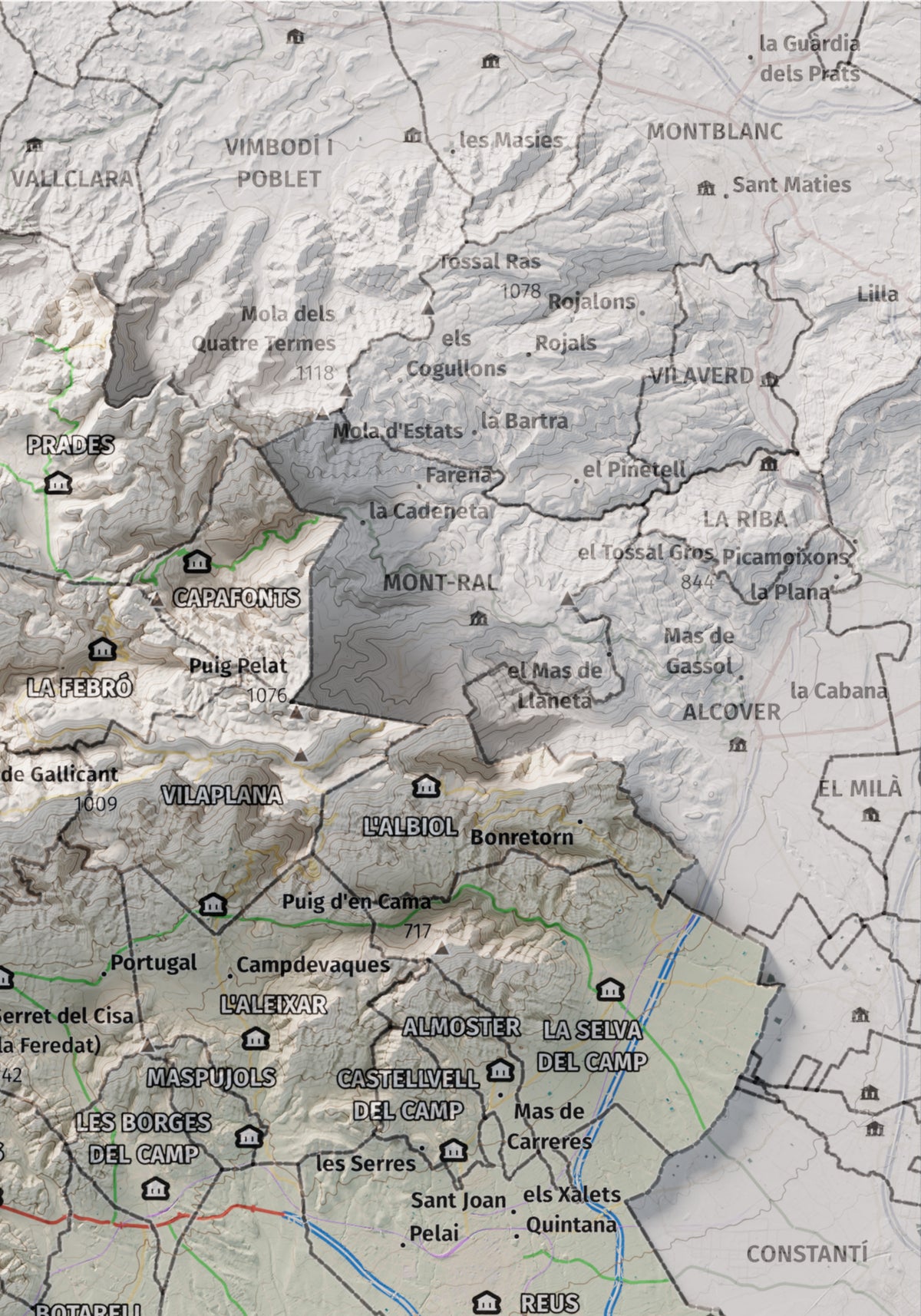 Mapa de relieve del Baix Camp, con el territorio en color y el entorno en blanco. Detalle de la zona superior derecha. 21 × 30 cm. Estilo Cartográfico.