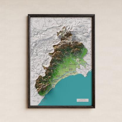 Mapa de relieve del Baix Camp, con el territorio en color y el entorno en blanco. Presentación con marco. 21 × 30 cm. Estilo Clásico.