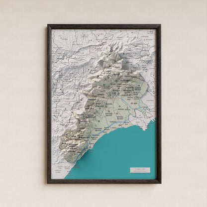 Mapa de relieve del Baix Camp, con el territorio en color y el entorno en blanco. Presentación con marco. 21 × 30 cm. Estilo Cartográfico.