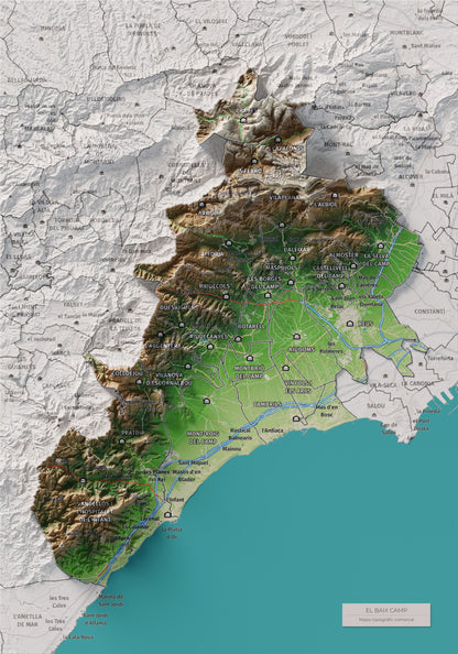 Mapa de relieve del Baix Camp, con el territorio en color y el entorno en blanco. Vista completa de la lámina. 21 × 30 cm. Estilo Clásico.