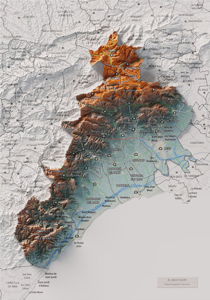 Mapa de relieve del Baix Camp, con el territorio en color y el entorno en blanco. Vista completa de la lámina. 21 × 30 cm. Estilo Azul y naranja.
