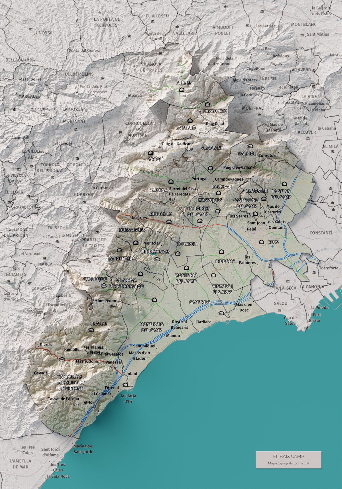 Mapa de relieve del Baix Camp, con el territorio en color y el entorno en blanco. Vista completa de la lámina. 21 × 30 cm. Estilo Cartográfico.