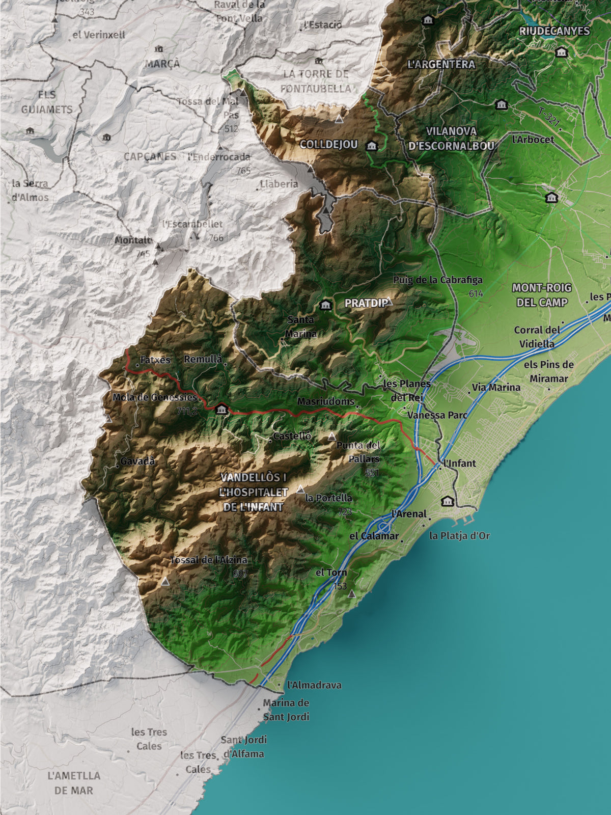 Mapa de relieve del Baix Camp, con el territorio en color y el entorno en blanco. Detalle de la zona inferior izquierda. 30 × 40 cm. Estilo Clásico.
