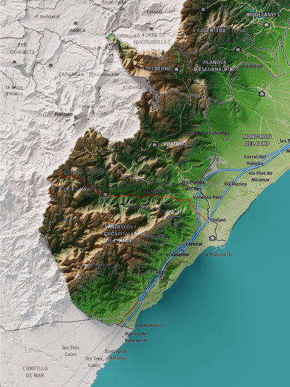 Mapa de relieve del Baix Camp, con el territorio en color y el entorno en blanco. Detalle de la zona inferior izquierda. 30 × 40 cm. Estilo Clásico.