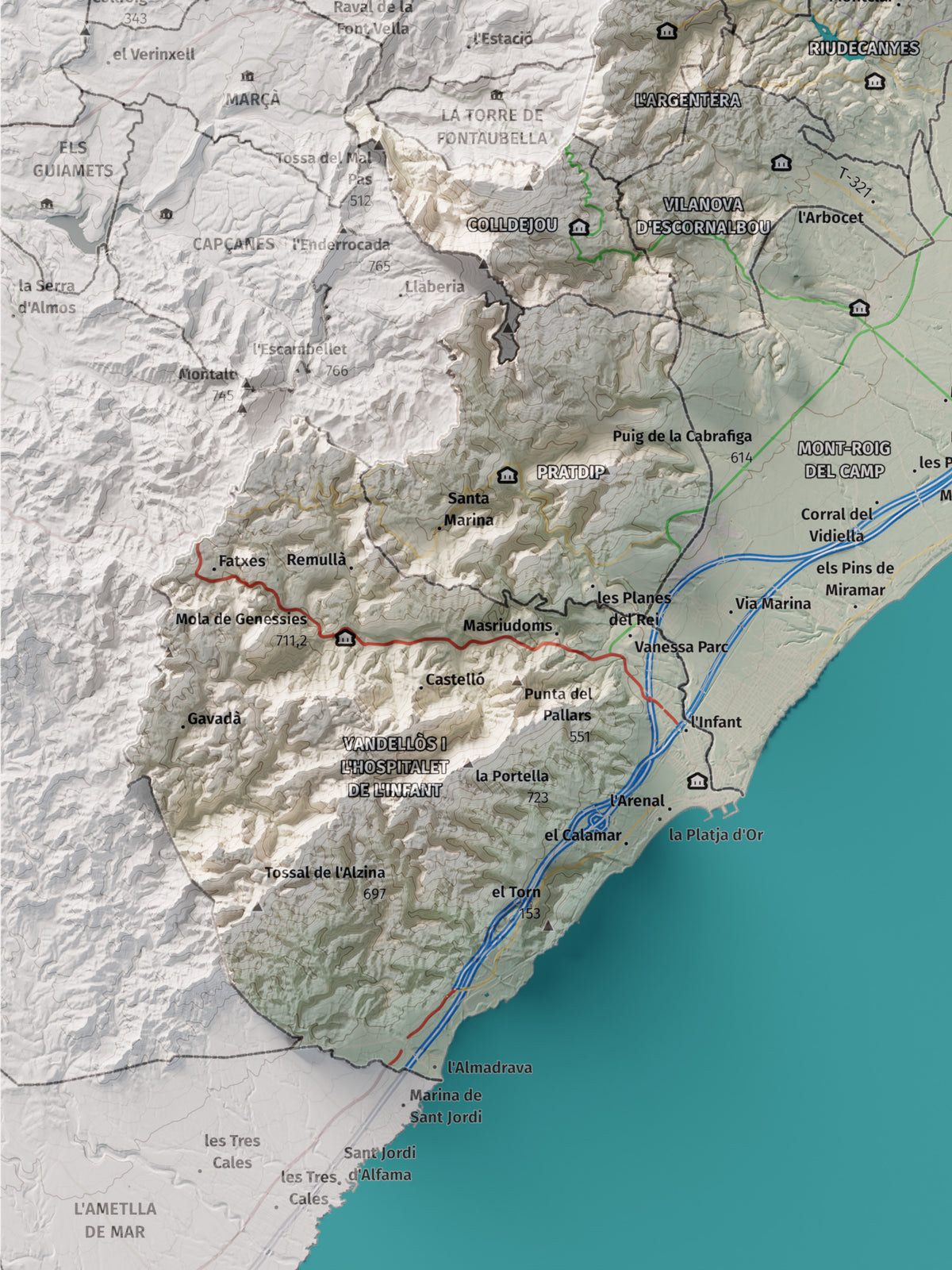 Mapa de relieve del Baix Camp, con el territorio en color y el entorno en blanco. Detalle de la zona inferior izquierda. 30 × 40 cm. Estilo Cartográfico.