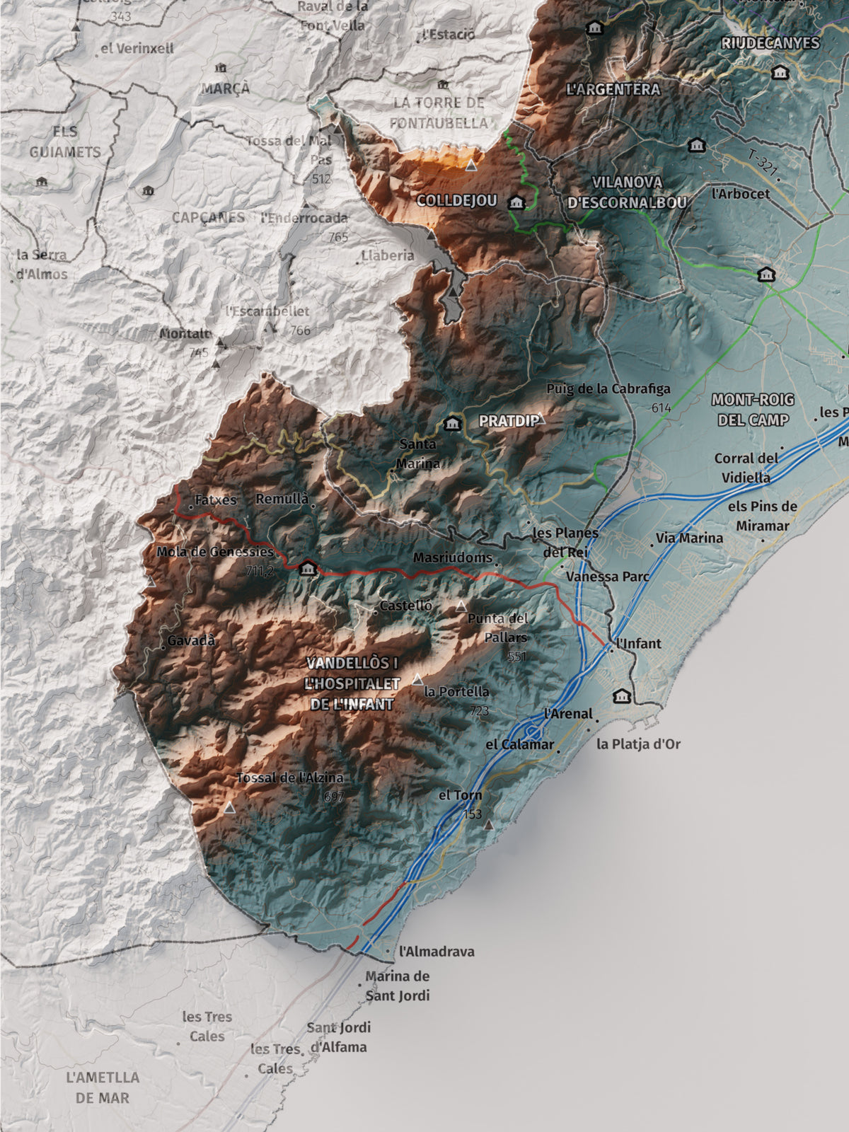 Mapa de relieve del Baix Camp, con el territorio en color y el entorno en blanco. Detalle de la zona inferior izquierda. 30 × 40 cm. Estilo Azul y naranja.