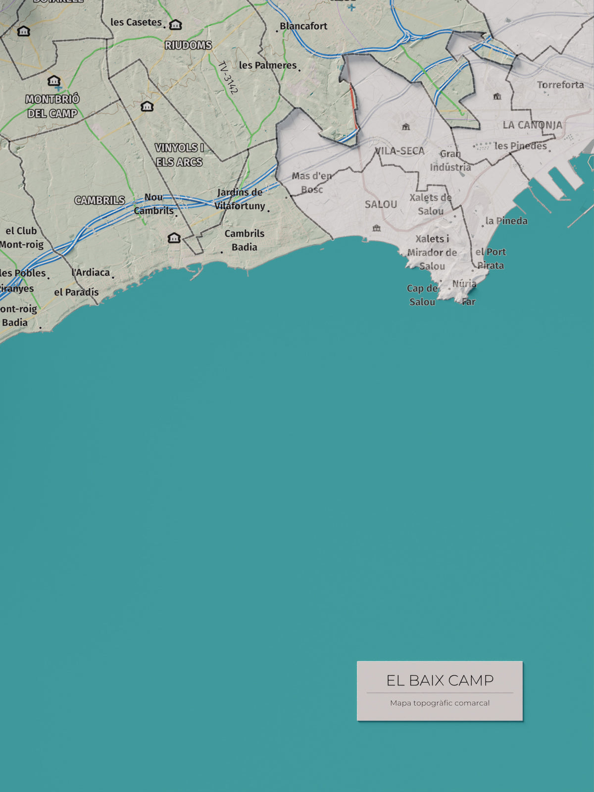 Mapa de relieve del Baix Camp, con el territorio en color y el entorno en blanco. Detalle de la zona inferior derecha. 30 × 40 cm. Estilo Cartográfico.