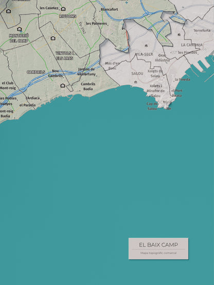 Mapa de relieve del Baix Camp, con el territorio en color y el entorno en blanco. Detalle de la zona inferior derecha. 30 × 40 cm. Estilo Cartográfico.