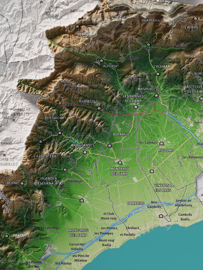 Mapa de relieve del Baix Camp, con el territorio en color y el entorno en blanco. Detalle de la zona central. 30 × 40 cm. Estilo Clásico.