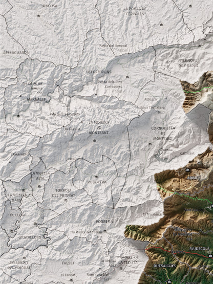 Mapa de relieve del Baix Camp, con el territorio en color y el entorno en blanco. Detalle de la zona superior izquierda. 30 × 40 cm. Estilo Clásico.